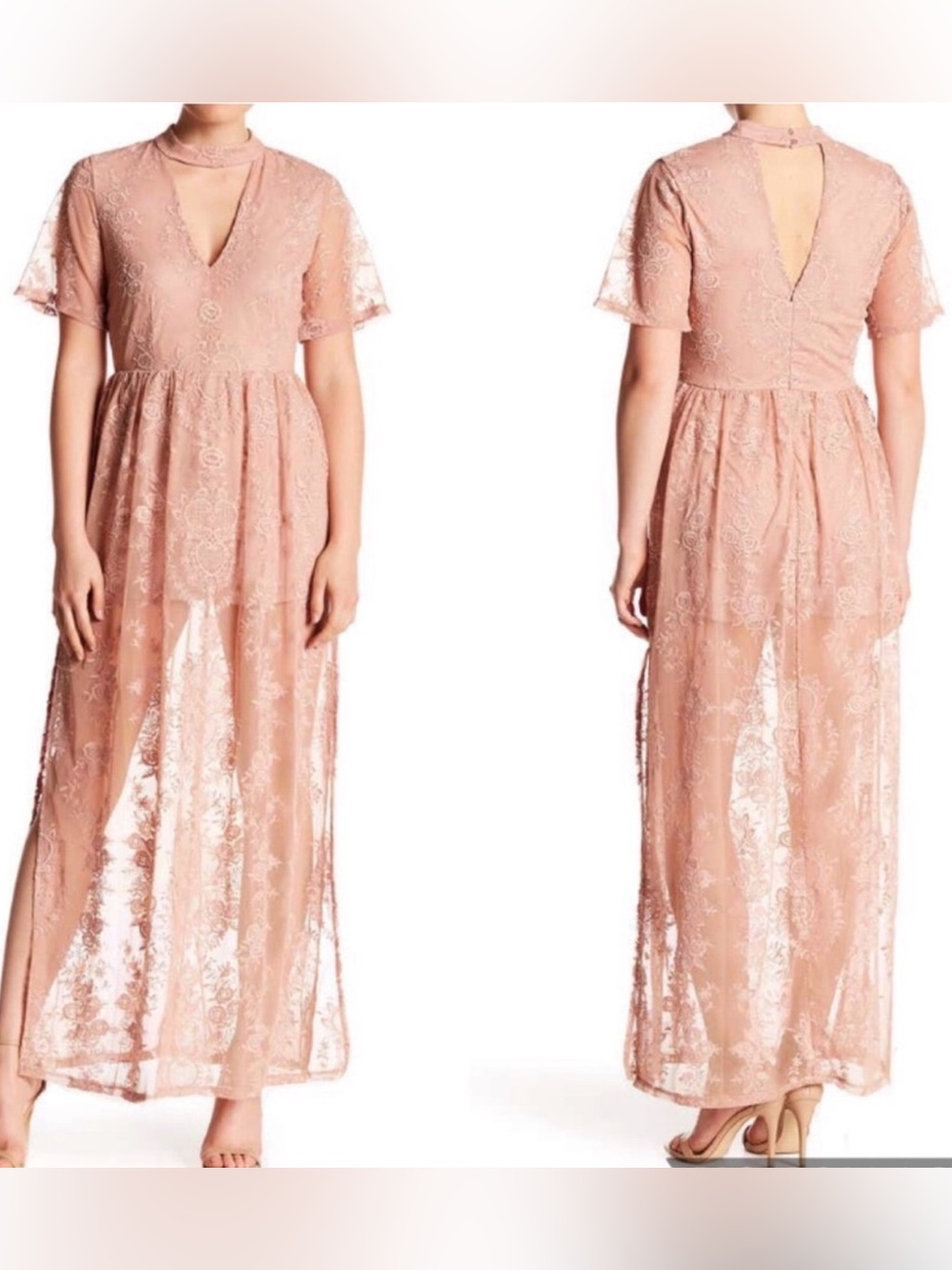 Socialite Choker Neck | Romper | Lace Blush Nude Maxi Dress Size XS
